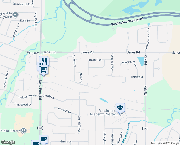 map of restaurants, bars, coffee shops, grocery stores, and more near 240 Emery Run in Rochester