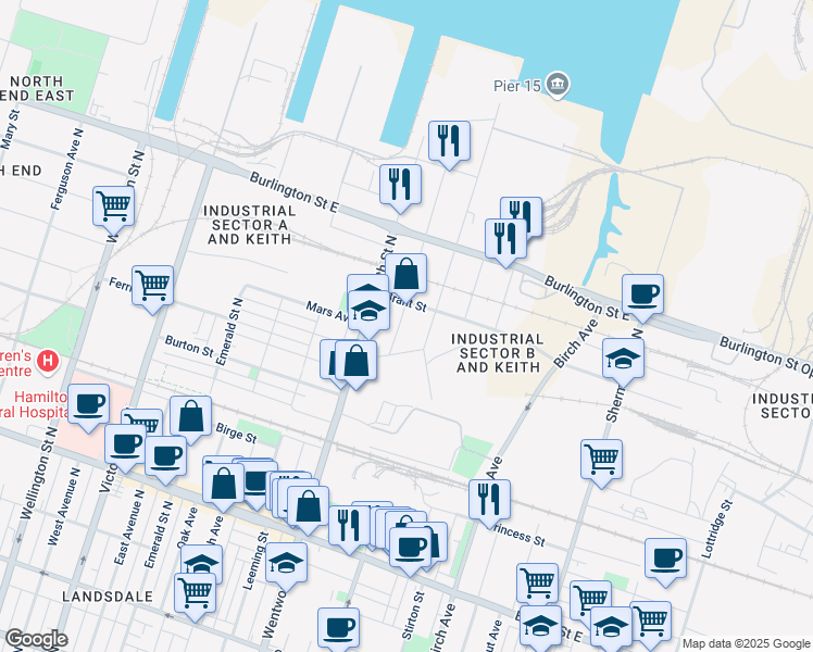 map of restaurants, bars, coffee shops, grocery stores, and more near 29 Munroe Street in Hamilton