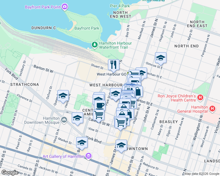 map of restaurants, bars, coffee shops, grocery stores, and more near in Hamilton