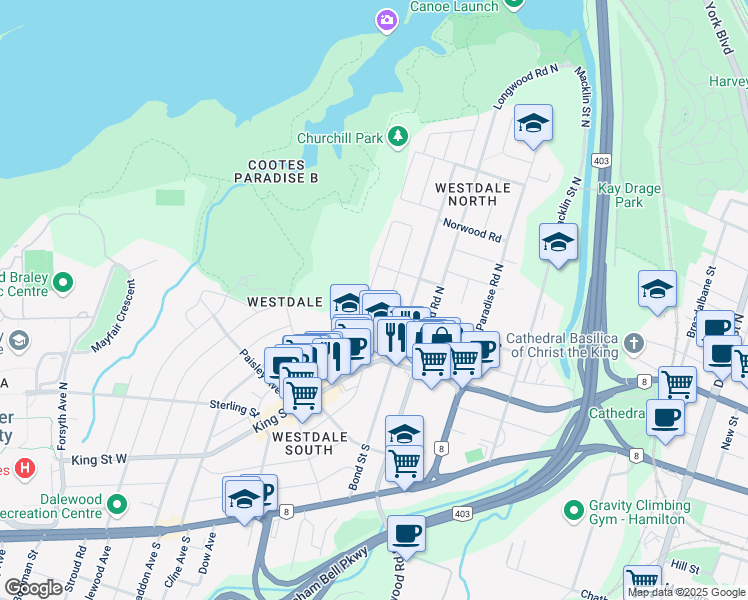 map of restaurants, bars, coffee shops, grocery stores, and more near 10 Parkside Drive in Hamilton