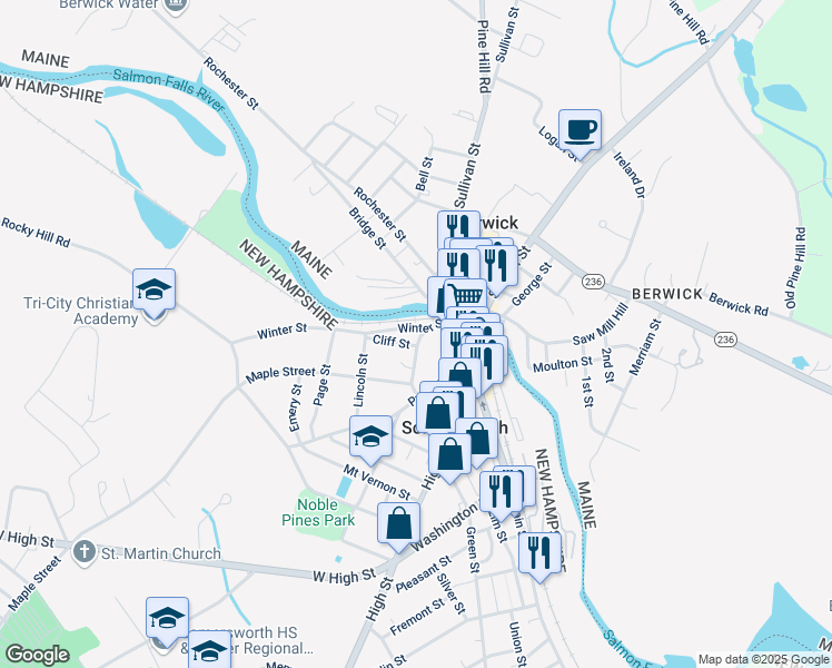 map of restaurants, bars, coffee shops, grocery stores, and more near 18 Linden Street in Somersworth