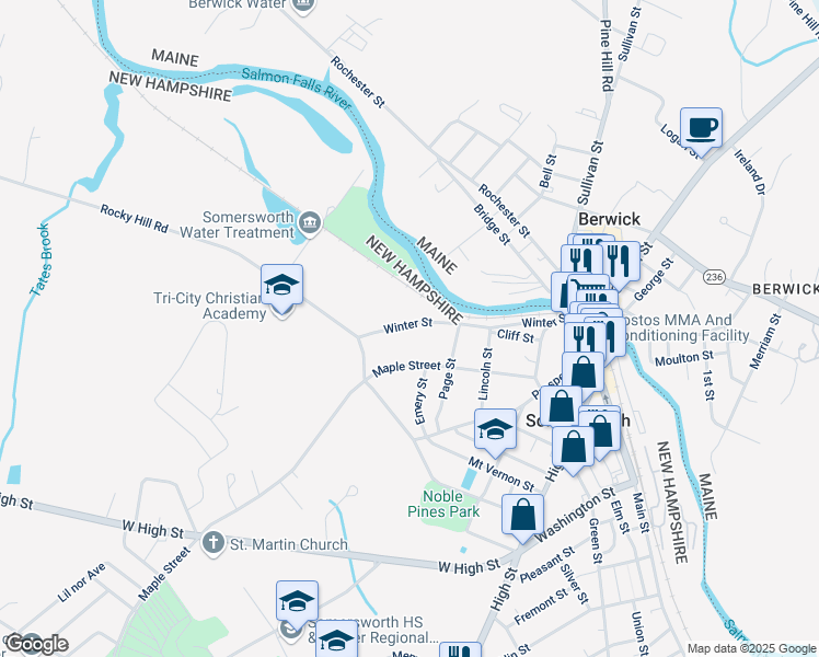 map of restaurants, bars, coffee shops, grocery stores, and more near 63 Maple Street in Somersworth