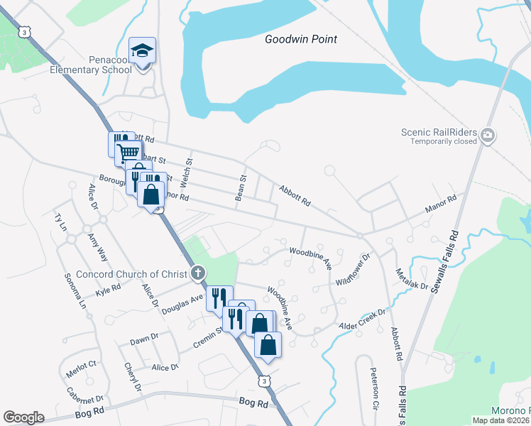 map of restaurants, bars, coffee shops, grocery stores, and more near 76 Manor Road in Concord