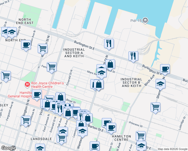 map of restaurants, bars, coffee shops, grocery stores, and more near 86 Francis Street in Hamilton