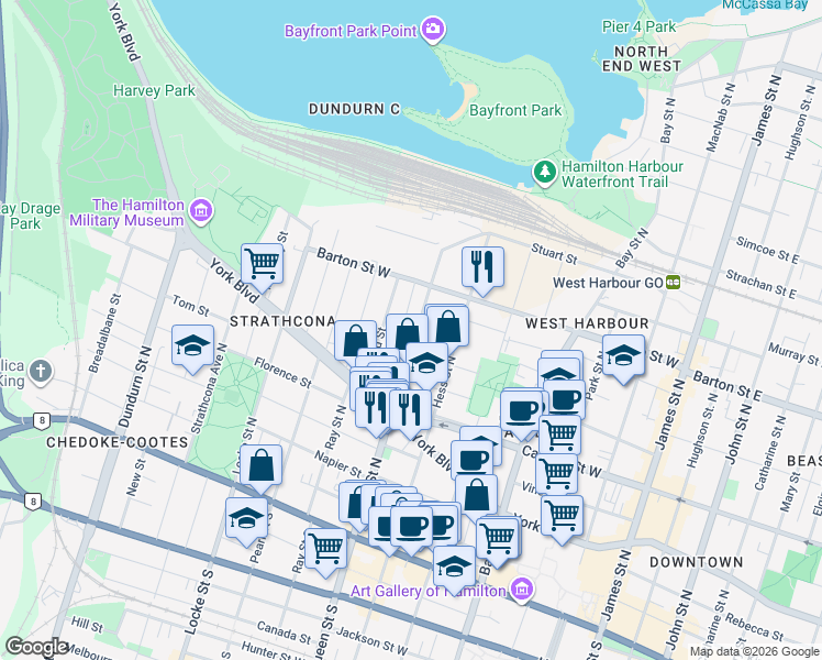 map of restaurants, bars, coffee shops, grocery stores, and more near 191 Queen Street North in Hamilton