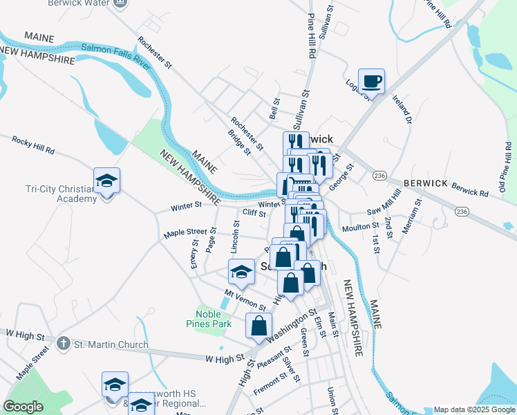 map of restaurants, bars, coffee shops, grocery stores, and more near 20 Cliff Street in Somersworth