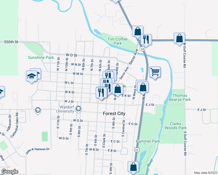 map of restaurants, bars, coffee shops, grocery stores, and more near 199 East K Street in Forest City