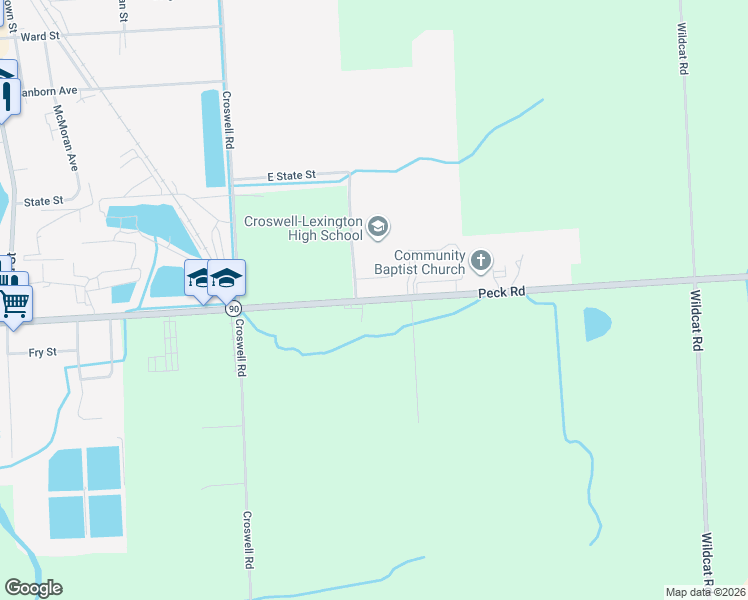 map of restaurants, bars, coffee shops, grocery stores, and more near 5422 Peck Road in Croswell
