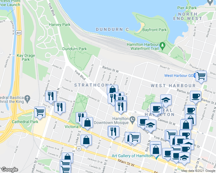 map of restaurants, bars, coffee shops, grocery stores, and more near 32 Magill Street in Hamilton