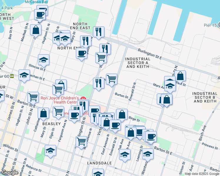 map of restaurants, bars, coffee shops, grocery stores, and more near 32 Sawyer Road in Hamilton