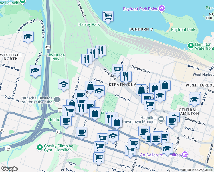 map of restaurants, bars, coffee shops, grocery stores, and more near 1 Tom Street in Hamilton