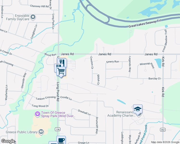 map of restaurants, bars, coffee shops, grocery stores, and more near 65 Creston Court in Rochester