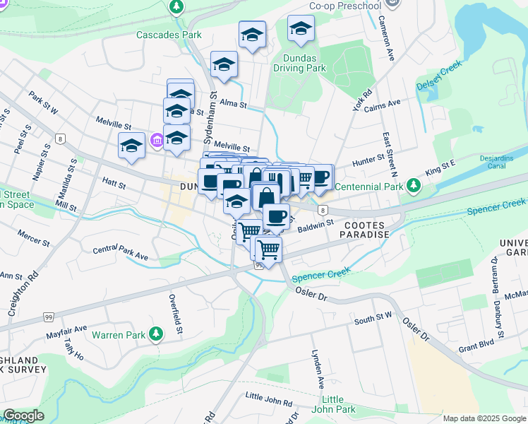 map of restaurants, bars, coffee shops, grocery stores, and more near 7 King Street East in Hamilton