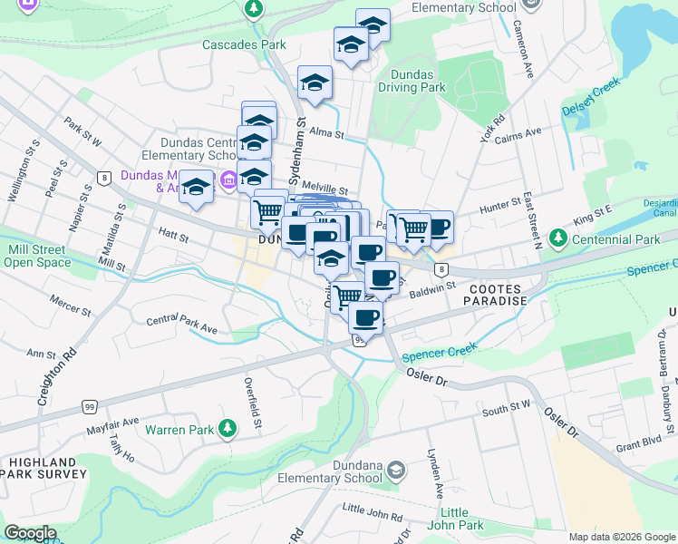 map of restaurants, bars, coffee shops, grocery stores, and more near 10 King Street West in Hamilton