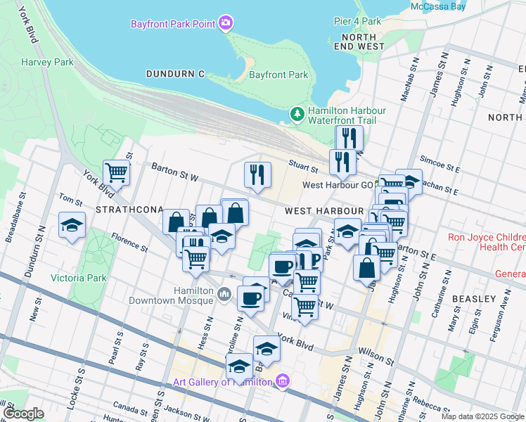 map of restaurants, bars, coffee shops, grocery stores, and more near 10 Windsor Street in Hamilton