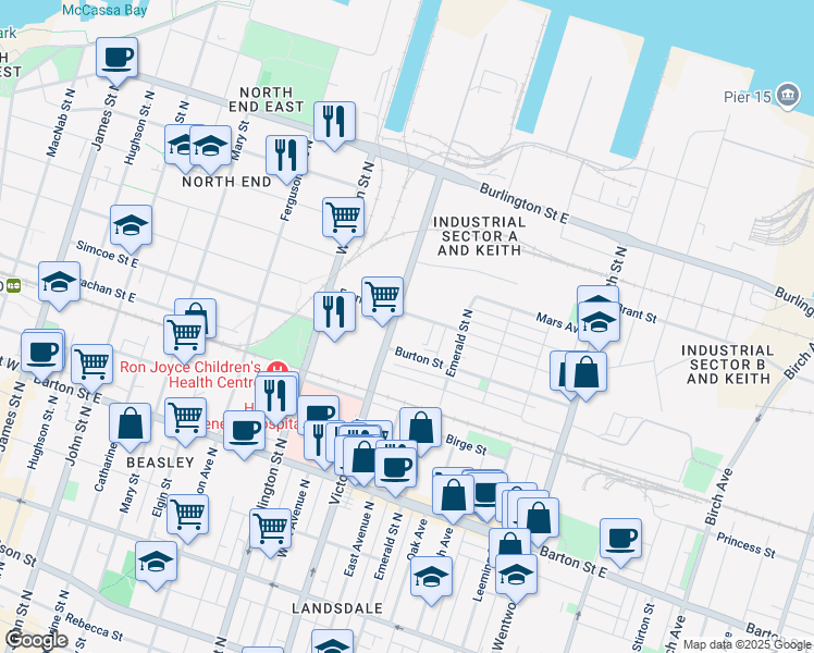 map of restaurants, bars, coffee shops, grocery stores, and more near 440 Victoria Avenue North in Hamilton