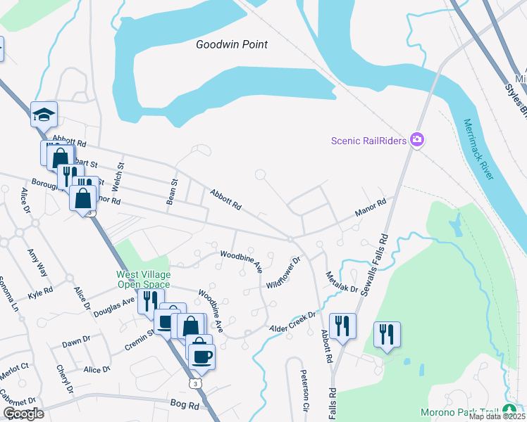 map of restaurants, bars, coffee shops, grocery stores, and more near 93 Abbott Road in Concord