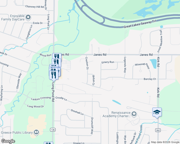 map of restaurants, bars, coffee shops, grocery stores, and more near 74 Creston Court in Rochester