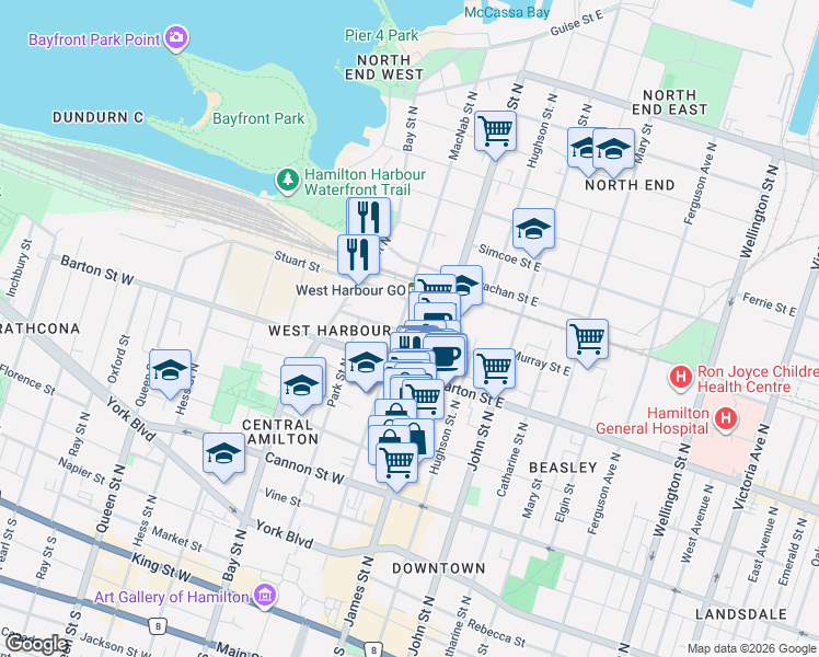 map of restaurants, bars, coffee shops, grocery stores, and more near 26 Murray Street West in Hamilton
