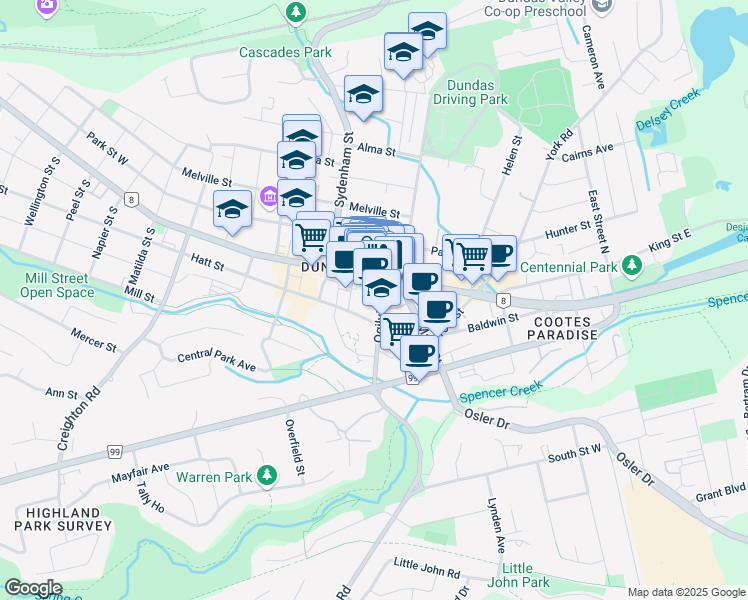map of restaurants, bars, coffee shops, grocery stores, and more near 18 Ogilvie St in Dundas
