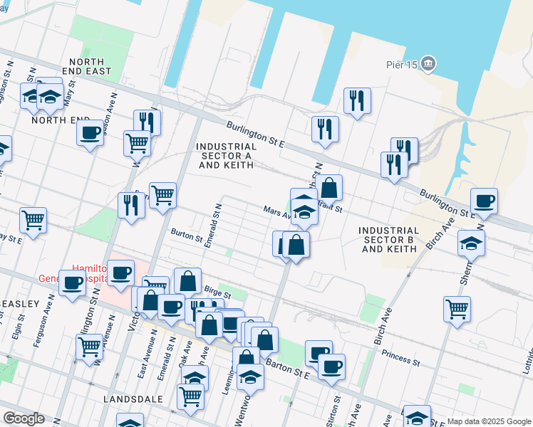 map of restaurants, bars, coffee shops, grocery stores, and more near 66 Mars Avenue in Hamilton