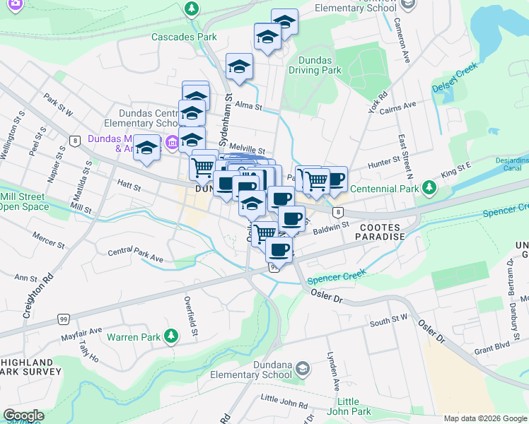 map of restaurants, bars, coffee shops, grocery stores, and more near 8 Main Street in Hamilton