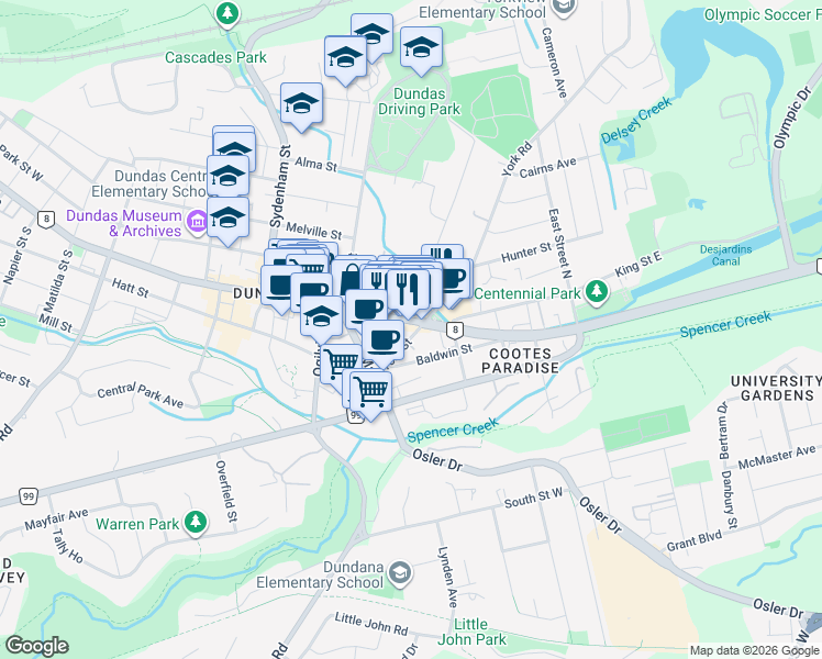 map of restaurants, bars, coffee shops, grocery stores, and more near 50 King Street East in Hamilton