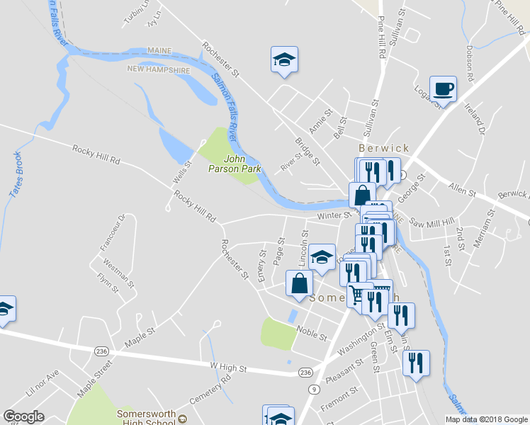 map of restaurants, bars, coffee shops, grocery stores, and more near 59 Winter Street in Somersworth
