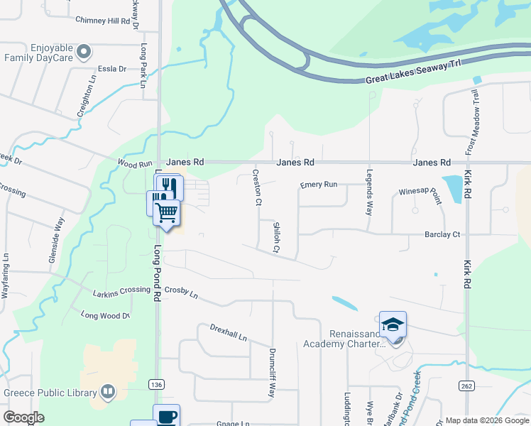 map of restaurants, bars, coffee shops, grocery stores, and more near 74 Creston Court in Rochester