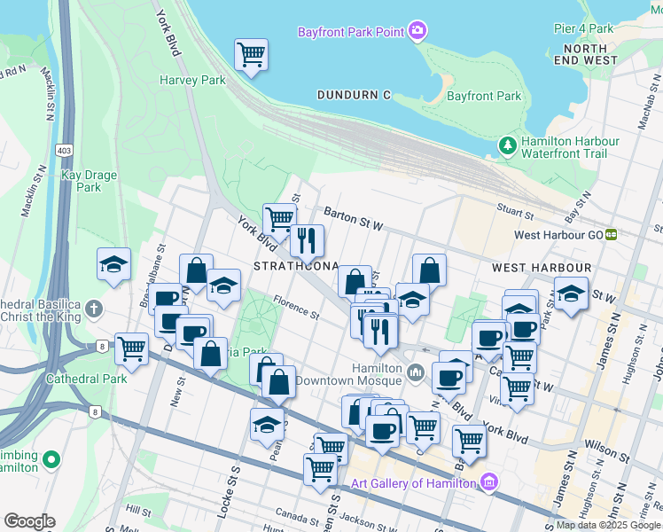 map of restaurants, bars, coffee shops, grocery stores, and more near 53 Magill Street in Hamilton