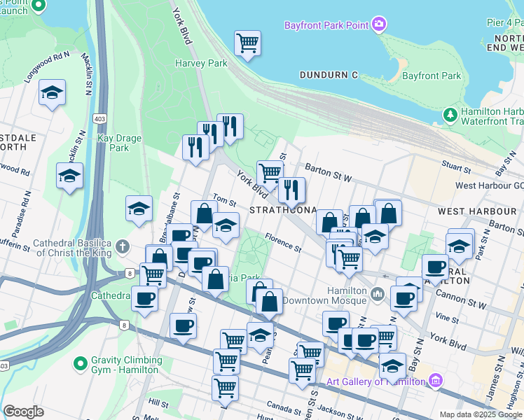 map of restaurants, bars, coffee shops, grocery stores, and more near 501 York Boulevard in Hamilton