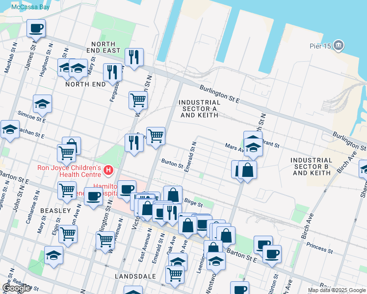 map of restaurants, bars, coffee shops, grocery stores, and more near 369 Ferrie Street East in Hamilton