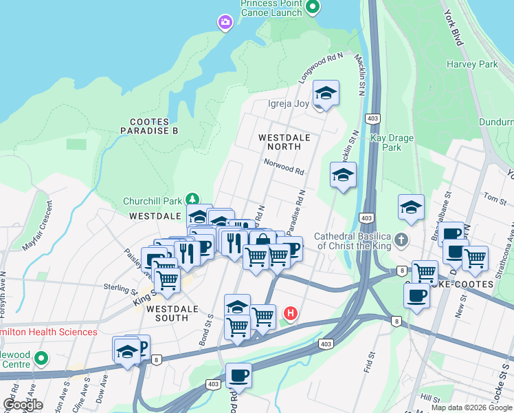 map of restaurants, bars, coffee shops, grocery stores, and more near 82 Bond Street North in Hamilton