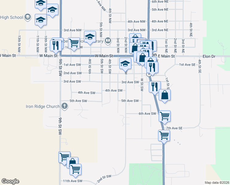 map of restaurants, bars, coffee shops, grocery stores, and more near 301-399 4th Ave SW in Waukon