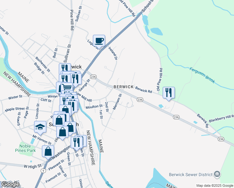 map of restaurants, bars, coffee shops, grocery stores, and more near 4 Merriam Street in Berwick
