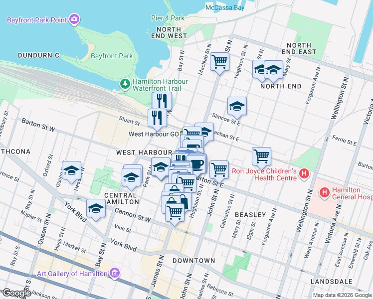 map of restaurants, bars, coffee shops, grocery stores, and more near 16 Murray Street West in Hamilton