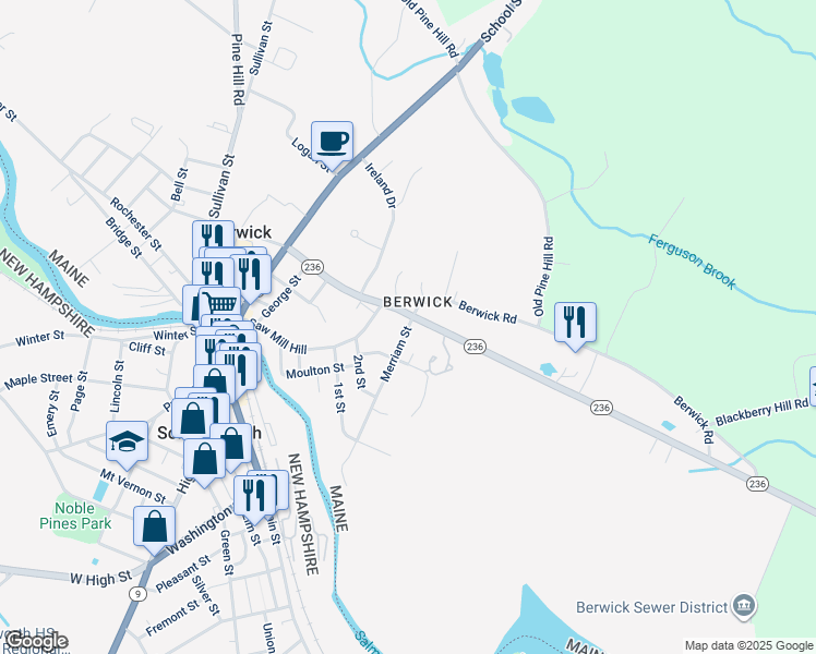 map of restaurants, bars, coffee shops, grocery stores, and more near 4 Merriam Street in Berwick