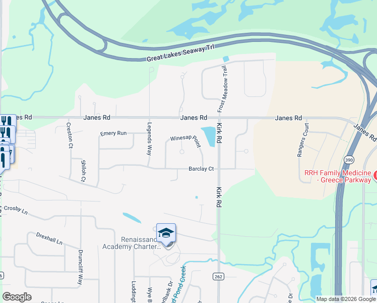 map of restaurants, bars, coffee shops, grocery stores, and more near 20 Crispin Court in Rochester