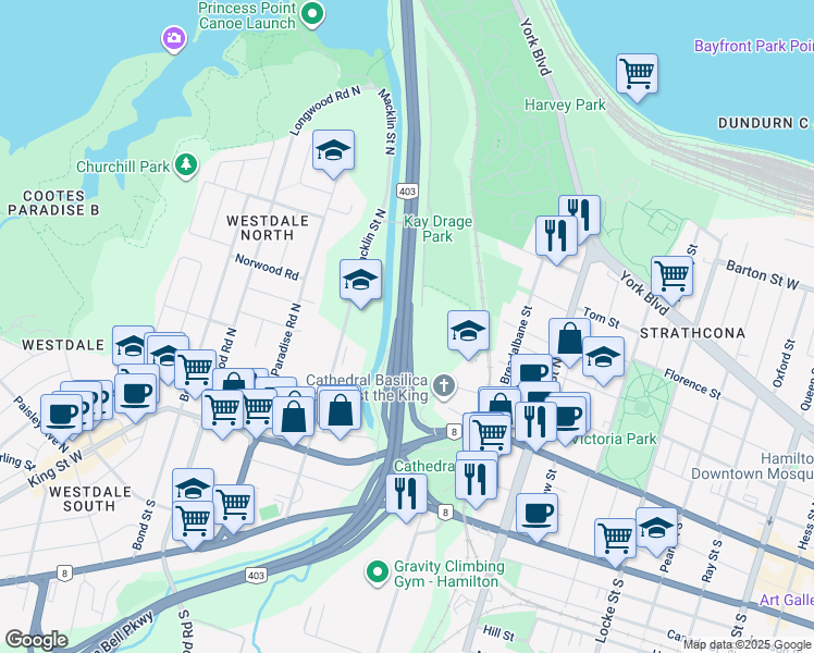 map of restaurants, bars, coffee shops, grocery stores, and more near Chedoke Expressway in Hamilton