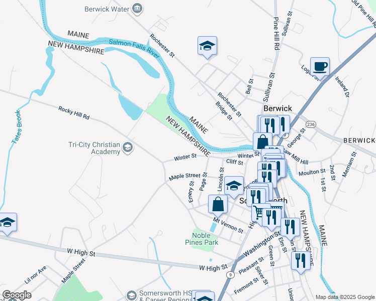 map of restaurants, bars, coffee shops, grocery stores, and more near 59 Winter Street in Somersworth