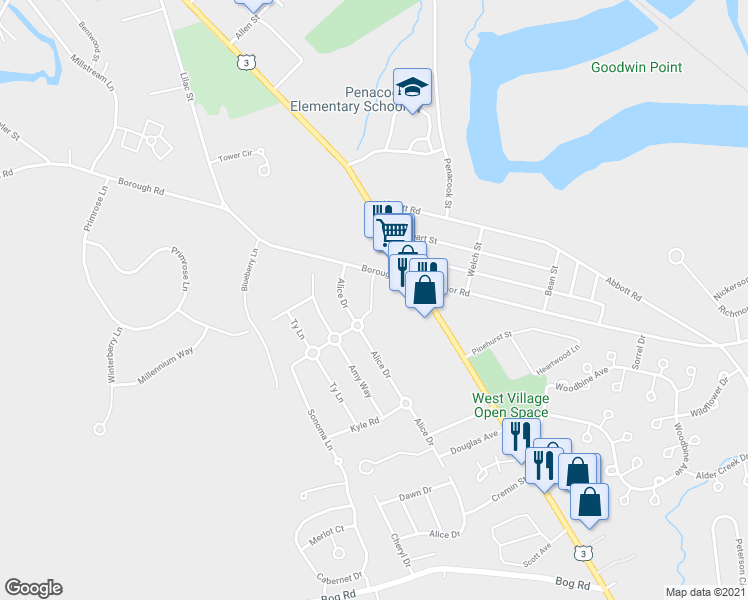 map of restaurants, bars, coffee shops, grocery stores, and more near 22 Borough Road in Concord