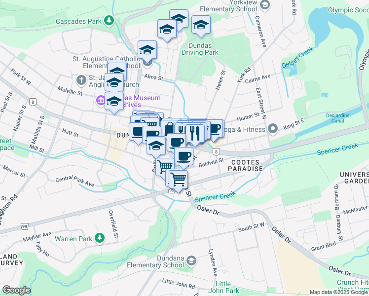 map of restaurants, bars, coffee shops, grocery stores, and more near 33 King Street East in Hamilton