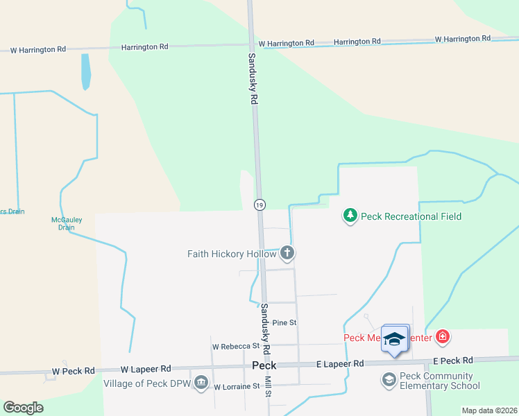 map of restaurants, bars, coffee shops, grocery stores, and more near 5198 Sandusky Road in Peck