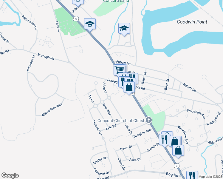 map of restaurants, bars, coffee shops, grocery stores, and more near 22 Borough Road in Concord