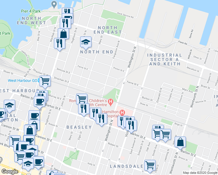 map of restaurants, bars, coffee shops, grocery stores, and more near 196 Simcoe Street East in Hamilton