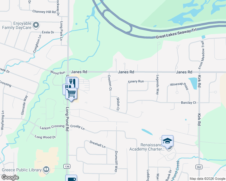 map of restaurants, bars, coffee shops, grocery stores, and more near 74 Creston Court in Rochester