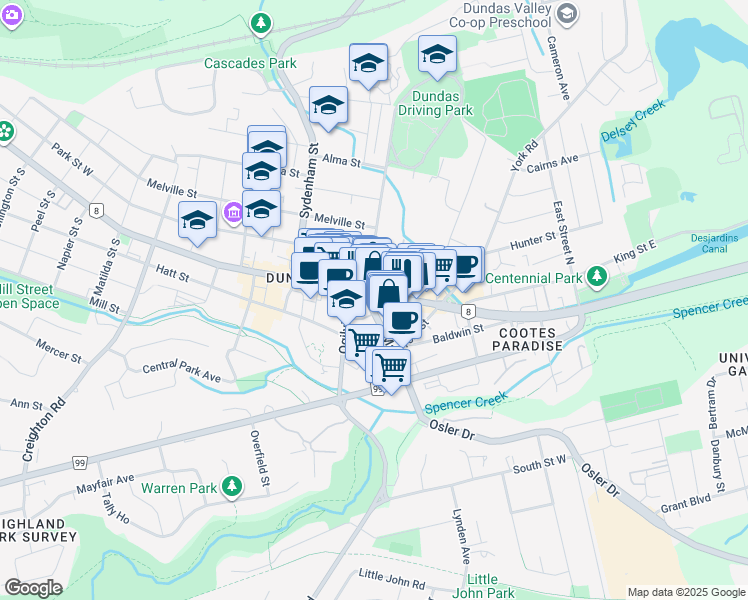 map of restaurants, bars, coffee shops, grocery stores, and more near 7 King Street East in Hamilton