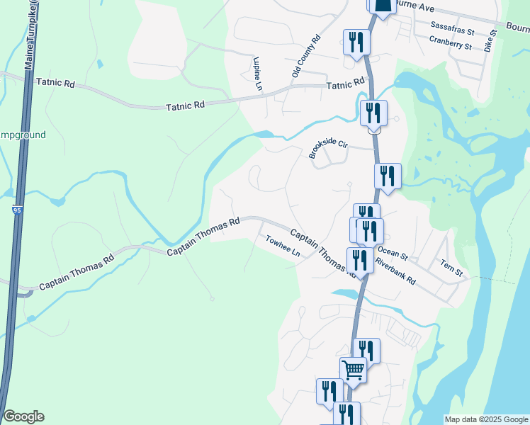 map of restaurants, bars, coffee shops, grocery stores, and more near 80 Captain Thomas Road in Ogunquit