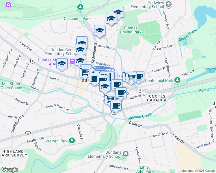 map of restaurants, bars, coffee shops, grocery stores, and more near 2 King Street West in Hamilton
