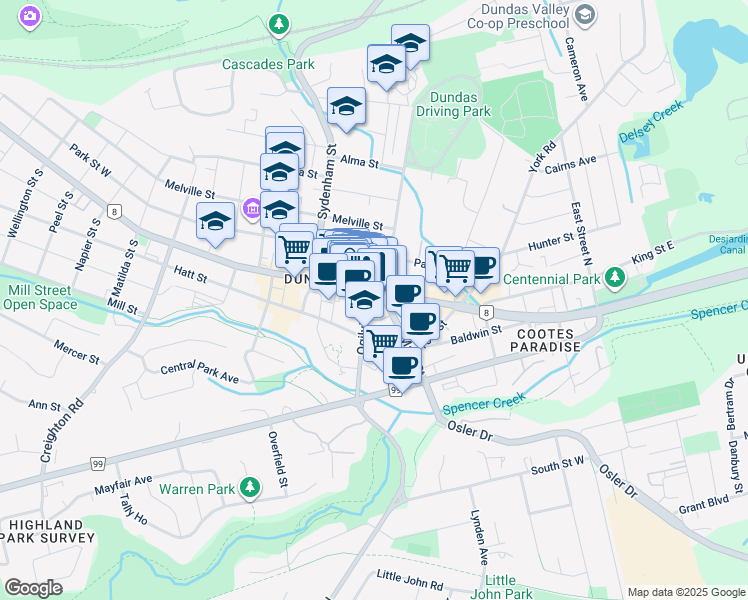 map of restaurants, bars, coffee shops, grocery stores, and more near 2 King Street West in Hamilton